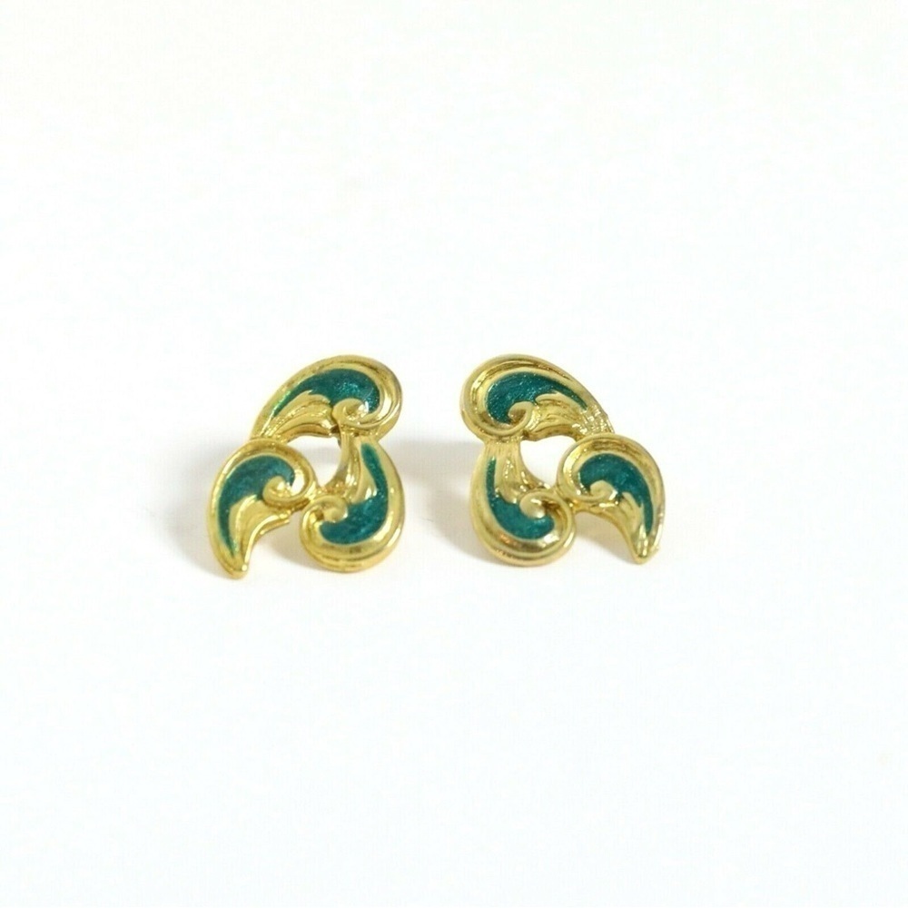 Vintage 80s metal earrings enamel gold toned green retro petals abstract triad